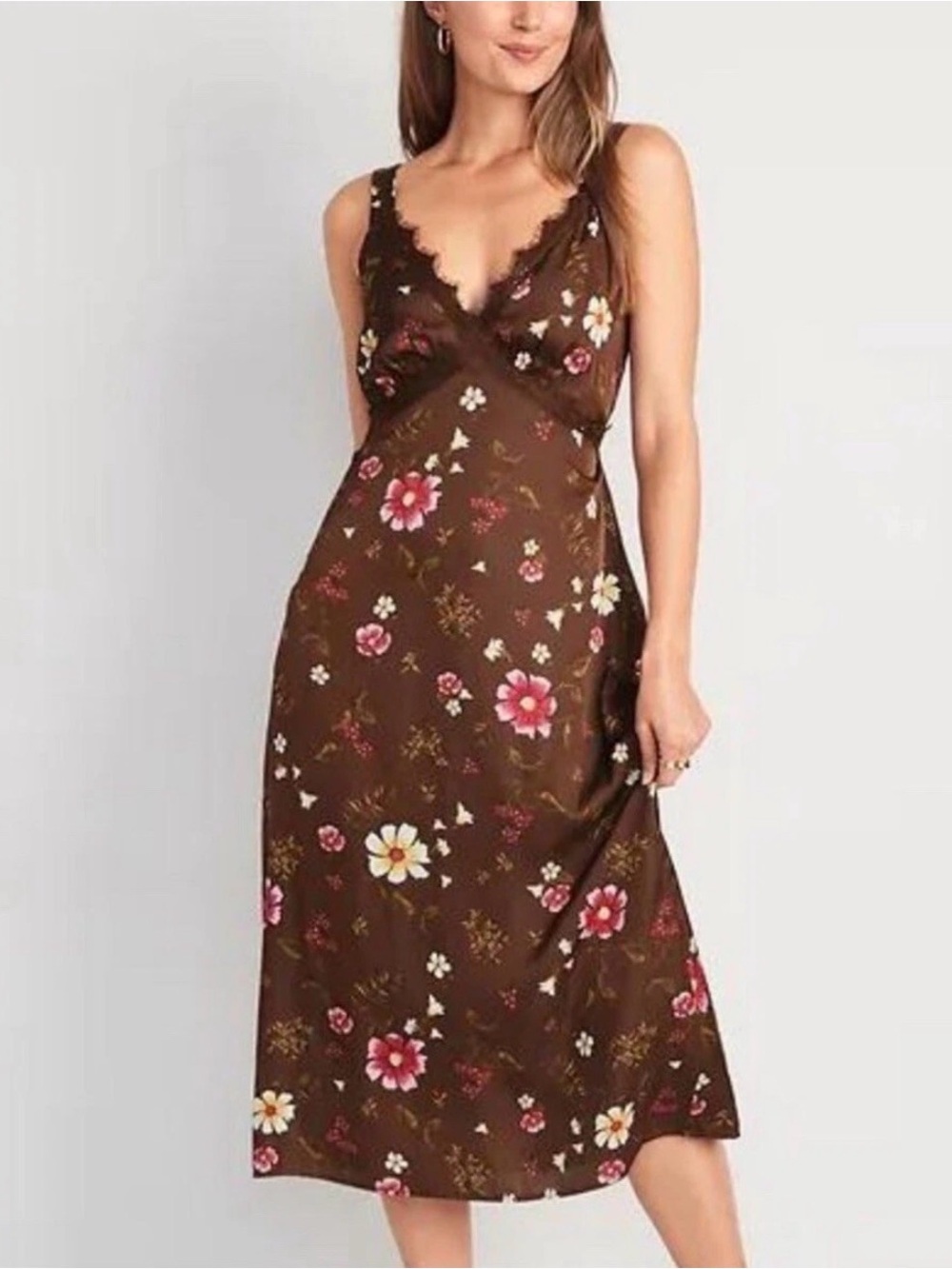 Floral Lace-Trim Slip Dress in Brown